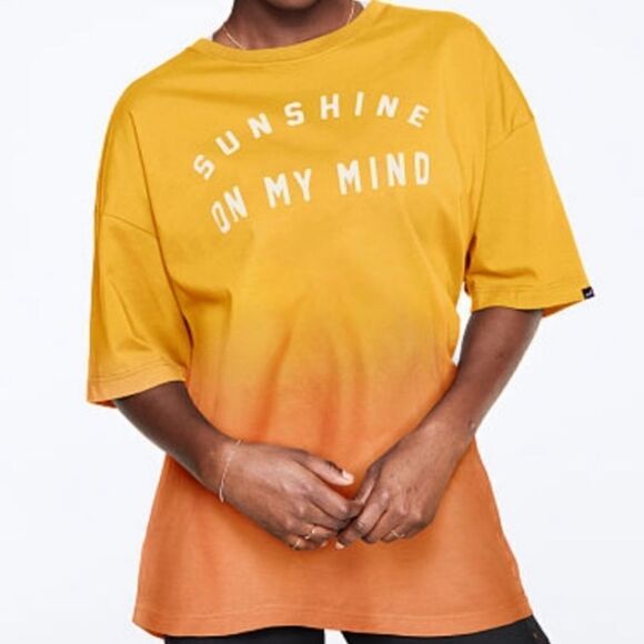 PINK Victoria's Secret Yellow Ombré Graphic Tee Shirt Sunshine On My Mind - Picture 1 of 9